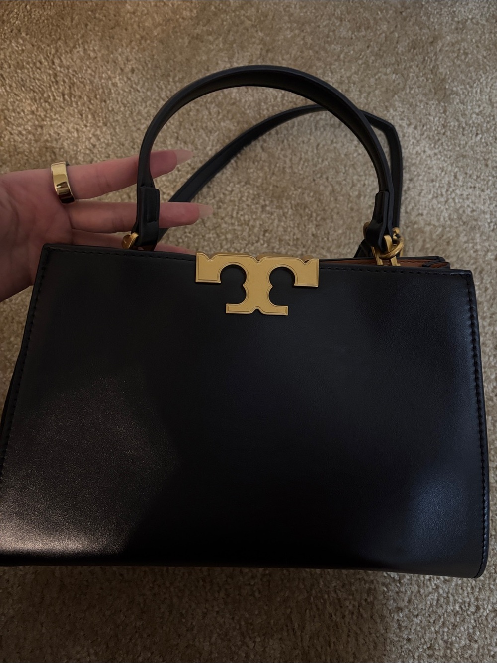 Tory Burch Black Leather Top-Handle Satchel with Gold Logo